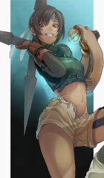 Rule 34 | 1girl, aqua background, armor, black background, black hair, breasts, brown eyes, commentary, crop top, cropped sweater, final fantasy, final fantasy vii, fingerless gloves, fishnets, from below, gauss &lt;bokashi, gloves, gradient background, grin, headband, highres, holding, holding weapon, huge weapon, knee up, looking at viewer, looking down, materia, medium breasts, midriff, navel, open fly, outside border, ribbed sweater, short hair, shorts, shuriken, sleeveless, sleeveless sweater, sleeveless turtleneck, smile, solo, square enix, sweater, teeth, turtleneck, turtleneck sweater, unzipped, weapon, yuffie kisaragi