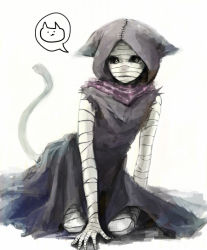 Rule 34 | 10s, 1girl, animal ears, bandaged arm, bandaged head, bandaged leg, bandages, bright pupils, cat ears, cloak, eto (tokyo ghoul), full body, green eyes, hood, hooded cloak, kneeling, looking at viewer, simple background, solo, speech bubble, stitches, straw like, tokyo ghoul, white background