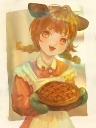 Rule 34 | 1girl, absurdres, animal ears, apple print, apron, braid, brown hair, commentary request, dog ears, dog girl, dress, food, highres, kiirou (yellowu), low twin braids, open mouth, orange dress, orange eyes, original, oven mitts, pie, smile, solo, strap slip, twin braids, upper body, white apron