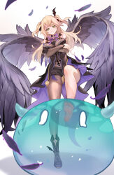 Rule 34 | 1girl, absurdres, bare shoulders, blonde hair, bow, breasts, dress, feet, fischl (genshin impact), genshin impact, gloves, green eyes, hair over one eye, hair ribbon, highres, legs, long hair, looking at viewer, medium breasts, purple bow, ribbon, simple background, single glove, single thighhigh, slime (genshin impact), smile, thighhighs, two side up, yoyoleaf