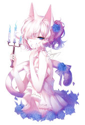 Rule 34 | 1girl, animal ears, artist name, blue eyes, blue flower, blue rose, candelabra, candle, candlestand, cat ears, cat tail, commentary, facial mark, flower, hair over one eye, hands up, highres, holding, holding candle, original, parted lips, ponytail, rose, sheya, signature, silver hair, simple background, solo, tail, white background
