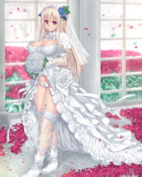 Rule 34 | 1girl, absurdres, blonde hair, blush, bouquet, breasts, bridal veil, bride, cameltoe, cleavage, cleavage cutout, clothing cutout, crossed legs, dress, flower, garter straps, gloves, highres, horns, houtengeki, lace, lace-trimmed legwear, lace trim, large breasts, long hair, looking at viewer, original, panties, petals, pointy ears, purple eyes, ribbon, shiny skin, showgirl skirt, smile, solo, thighhighs, too many, underwear, veil, wedding dress, white gloves, white panties