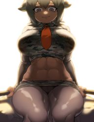 Rule 34 | 1girl, abs, animal ears, arms at sides, aurochs (kemono friends), backlighting, breast pocket, breasts, brown pantyhose, camouflage, camouflage shirt, camouflage skirt, closed mouth, collared shirt, commentary request, cow ears, cowboy shot, crop top, cropped shirt, crotch seam, dark-skinned female, dark skin, empty eyes, eyes visible through hair, green eyes, green hair, hair between eyes, highres, holding, impossible clothes, impossible shirt, kemono friends, large breasts, long sleeves, looking at viewer, looking down, medium hair, microskirt, midriff, muscular, muscular female, navel, necktie, pantyhose, pinkboy, pocket, red necktie, shirt, sitting, skirt, smile, solo, stomach, thick thighs, thighs, upskirt, wing collar