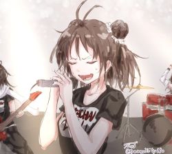 Rule 34 | 3girls, alternate costume, antenna hair, baileys (tranquillity650), black pants, black shirt, brown hair, detached sleeves, double bun, drum, electric guitar, closed eyes, guitar, hair ornament, holding, holding microphone, instrument, jintsuu (kancolle), kantai collection, microphone, multiple girls, naka (kancolle), pants, remodel (kantai collection), scarf, sendai (kancolle), shirt, short sleeves, signature, solo focus, t-shirt, twitter username, white scarf