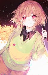 Rule 34 | 1other, ambiguous gender, black background, blush, brown hair, brown pants, chara (undertale), commentary request, dust, flower, gradient background, green sweater, highres, holding, holding knife, jewelry, knife, locket, long sleeves, looking at viewer, noyu (noyu23386566), pants, pendant, short hair, smile, striped clothes, striped sweater, sweater, undertale, white background, yellow flower