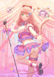 Rule 34 | 1girl, ;d, absurdres, animal ears, bow, breasts, bridal garter, cat, cat ears, cat girl, cat tail, commission, confetti, drum, drum set, green eyes, guitar, highres, indie virtual youtuber, instrument, ken-san, layered skirt, looking at viewer, medium breasts, microphone, microphone stand, midriff, one eye closed, open mouth, panties, pantyshot, pink skirt, pixiv commission, purple skirt, skirt, smile, solo, standing, standing on one leg, tail, underbust, underwear, virtual youtuber, white cat, white panties, yukkin (vtuber)