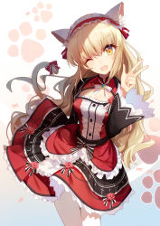 Rule 34 | 1girl, animal ears, bison cangshu, blonde hair, breasts, buttons, cat ears, cat tail, cleavage, cleavage cutout, clothing cutout, commentary, copyright request, dress, flower, frilled dress, frilled hairband, frills, hairband, hand up, long hair, looking at viewer, medium breasts, mole, mole under eye, one eye closed, open mouth, pantyhose, red dress, red hairband, ribbon, smile, solo, standing, striped ribbon, tail, tail ornament, tail ribbon, very long hair, w, white pantyhose, wide sleeves, yellow eyes