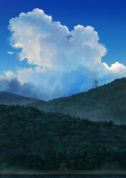 absurdres blue_sky cloud commentary_request day fog forest highres mountain nature no_humans original outdoors pei_(sumurai) power_lines reflection scenery sky torii transmission_tower tree water