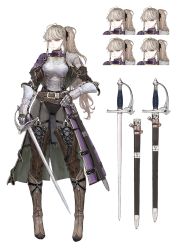 Rule 34 | 1girl, absurdres, armor, belt, belt buckle, blonde hair, boots, braid, buckle, character sheet, full body, hair ribbon, hand on own hip, highres, holding, holding weapon, jun (navigavi), long hair, original, pauldrons, ponytail, ribbon, scabbard, sheath, shoulder armor, simple background, sword, vambraces, weapon, white background, yellow eyes