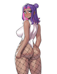 Rule 34 | 1girl, ass, bare shoulders, blue eyes, blush, breasts, bright pupils, commentary, commission, cowboy shot, dark-skinned female, dark skin, donburi (donburikazoku), double bun, english commentary, fishnet pantyhose, fishnets, from behind, hair bun, highleg, highleg leotard, highres, large breasts, leotard, looking at viewer, looking back, medium hair, multicolored hair, nose blush, pantyhose, pink hair, purple hair, simple background, solo, thick eyebrows, thighs, two-tone hair, v-shaped eyebrows, white background, white leotard, white pupils