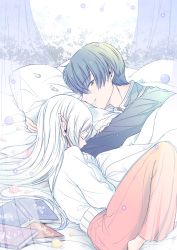 Rule 34 | 1boy, 1girl, absurdres, ball, bed sheet, blanket, blue eyes, blue hair, book, closed eyes, closed mouth, contemporary, couple, curled up, curtains, earrings, elf, frieren, hair down, hand on another&#039;s arm, hetero, highres, himmel (sousou no frieren), jewelry, light particles, long hair, long sleeves, looking at viewer, lying, mole, mole under eye, hugging object, on bed, on side, open book, pants, petals, pillow, pillow hug, pointy ears, red pants, sachinyopo, short hair, sideways glance, sleeping, sleeves past wrists, smile, sousou no frieren, sweater, under covers, white hair, white sweater