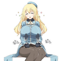 Rule 34 | 10s, 1girl, ^ ^, atago (kancolle), beret, black gloves, black pantyhose, blonde hair, blush, breasts, closed eyes, commentary request, closed eyes, flower, frilled sleeves, frills, fur, gloves, hat, highres, kantai collection, lap pillow, lap pillow invitation, large breasts, legs together, long hair, long sleeves, military, military uniform, open mouth, pantyhose, simple background, sitting, smile, solo, uchiage cola, uniform, white background