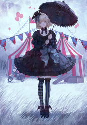 Rule 34 | 1girl, asymmetrical legwear, balloon, bat wings, black bow, black collar, black dress, black footwear, black hairband, black ribbon, blonde hair, bow, check copyright, circus, closed mouth, coffin, collar, collarbone, commentary request, copyright request, dress, frilled dress, frilled thighhighs, frills, full body, gothic lolita, grass, hair ornament, hairband, hands up, hat, high heels, highres, holding, holding umbrella, juliet sleeves, kaoming, large bow, lolita fashion, long sleeves, looking at viewer, mini hat, mini top hat, mismatched legwear, motor vehicle, motorcycle, original, parasol, platform footwear, puffy sleeves, ribbon, shoes, short hair, smile, solo, standing, strappy heels, striped clothes, striped thighhighs, thighhighs, top hat, torn, umbrella, vertical-striped clothes, vertical-striped thighhighs, wings