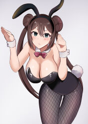 Rule 34 | 1girl, absurdres, alternate costume, animal ears, black hairband, black leotard, blush, bow, bowtie, breasts, brown hair, cleavage, closed mouth, commentary request, creatures (company), detached collar, double bun, doughnut hair bun, fake animal ears, fishnet pantyhose, fishnets, frown, game freak, green eyes, hair bun, hairband, hands up, highres, large breasts, leaning forward, leotard, long hair, looking at viewer, nintendo, pantyhose, playboy bunny, pokemon, pokemon bw2, rabbit ears, rabbit tail, red bow, red bowtie, rosa (pokemon), simple background, solo, tail, twintails, user fgrs7357, white background, wrist cuffs