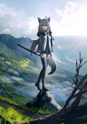 Rule 34 | 1girl, absurdres, advarcher, ahoge, animal ear fluff, animal ears, bare tree, black jacket, blue eyes, blue sky, boots, building, closed mouth, cloud, cloudy sky, commentary, cropped, cross, day, english commentary, floating island, fox ears, fox girl, fox tail, full body, fur trim, grass, highres, holding, holding sheath, hololive, jacket, landscape, long sleeves, official alternate costume, open clothes, open jacket, outdoors, rock, sheath, shirakami fubuki, shirakami fubuki (fubukitek), shirt, sky, smile, solo, standing, sun, sunlight, sword, tail, thigh boots, thighhighs, tree, virtual youtuber, weapon, white hair, zettai ryouiki
