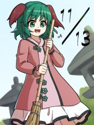 Rule 34 | 1girl, :d, animal ears, bamboo broom, broom, brown dress, collarbone, commentary request, dated, dog ears, dress, green eyes, green hair, holding, holding broom, itani illust, kasodani kyouko, musical note, open mouth, short hair, smile, solo, stone lantern, touhou