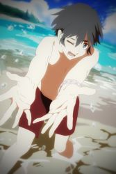Rule 34 | 10s, 1boy, beach, black hair, blue eyes, blue sky, blurry, blurry background, bracelet, bubble, cloud, cloudy sky, commentary request, darling in the franxx, day, hiro (darling in the franxx), jewelry, male focus, male swimwear, ocean, one-saka-san, one eye closed, open mouth, partially submerged, reaching, reaching towards viewer, red male swimwear, red swim trunks, short hair, sky, solo, swim trunks, swimsuit, topless male, wading, water