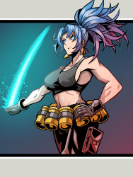 Rule 34 | 1girl, ammunition belt, black gloves, black tank top, blue eyes, blue hair, breasts, clenched hand, earrings, fighting game, gloves, hand on own hip, highres, jewelry, leona heidern, navel, pants, pechamaju, ponytail, pouch, solo, spiked hair, tank top, the king of fighters, the king of fighters xiii