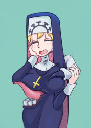 Rule 34 | 184nx, 1girl, aqua background, blonde hair, claws, cowboy shot, cross, cross necklace, double (skullgirls), drooling, closed eyes, groping, habit, hand on face, jewelry, long tongue, monster, monster girl, necklace, nun, skullgirls, smile, solo, tongue