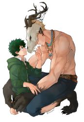 Rule 34 | 2boys, absurdres, animal hands, antlers, bakugou katsuki, barefoot, belt, blue pants, boku no hero academia, brown belt, claws, collared shirt, commentary, english commentary, freckles, from side, green hair, green hoodie, highres, hood, hoodie, horns, jewelry, looking at another, looking down, male focus, midoriya izuku, multiple boys, muscular, muscular male, necklace, pants, rin (rinriemie), shirt, short hair, skull, topless male, white shirt, yaoi