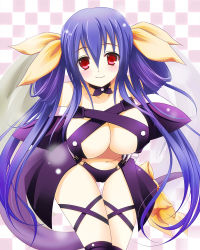 Rule 34 | 1girl, arc system works, artist request, asymmetrical wings, bad id, bad pixiv id, blue hair, blush, breasts, cleavage, cleavage cutout, clothing cutout, criss-criss top, criss cross top, cross-laced footwear, curvy, dizzy (guilty gear), guilty gear, huge breasts, kanora, large breasts, long hair, red eyes, ribbon, smile, solo, tail, tail ornament, tail ribbon, thighhighs, underboob, wings