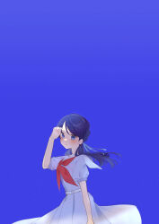 Rule 34 | 1girl, absurdres, arm at side, arm up, blue background, blue eyes, blue hair, blue ribbon, blush, commentary, dark blue hair, dress, from side, gradient background, hair ribbon, hasu no sora school uniform, highres, light particles, link! like! love live!, long hair, looking at viewer, looking to the side, love live!, low twintails, medium dress, mole, mole on neck, murano sayaka, neckerchief, negative space, red neckerchief, ribbon, riko (1017rikopinpon), sailor collar, sailor dress, school uniform, short sleeves, solo, summer uniform, sweat, twintails, virtual youtuber, white dress, white sailor collar