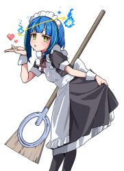 Rule 34 | 1girl, alternate costume, apron, black pantyhose, blowing kiss, blue hair, blush, bob cut, broom, dress, fire, hair ornament, hairclip, halo, heart, highres, hitodama, indie virtual youtuber, jaggy lines, leaning forward, maid, maid apron, maid headdress, mochituke nullpo, mole, mole under eye, pantyhose, parted lips, pixel art, psd available, puffy short sleeves, puffy sleeves, short sleeves, simple background, solo, symbol-shaped pupils, tamaya, virtual youtuber, white background, wrist cuffs, yellow eyes
