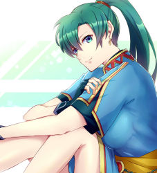 Rule 34 | 1girl, breasts, earrings, fingerless gloves, fire emblem, fire emblem: the blazing blade, gloves, green eyes, green hair, high ponytail, jewelry, large breasts, long hair, looking at viewer, lyn (fire emblem), nintendo, pelvic curtain, ponytail, side slit, solo, taiga kazame, white background