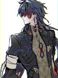 Rule 34 | 1boy, arms at sides, bandages, black coat, blade (honkai: star rail), blue hair, button gap, chromatic aberration, closed mouth, coat, covered eyes, daenarys, earrings, gradient hair, hair over eyes, high collar, highres, honkai: star rail, honkai (series), jewelry, long hair, male focus, multicolored hair, profile, simple background, solo, upper body, very long hair, white background
