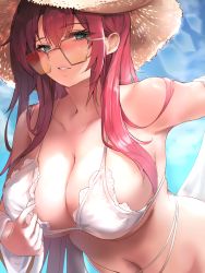Rule 34 | 1girl, aqua eyes, azur lane, bikini, blue sky, breasts, brown hat, cloud, collarbone, day, hat, highres, large breasts, liaowen, long hair, looking at viewer, navel, official alternate costume, parted lips, red hair, sky, solo, straw hat, sunglasses, surcouf (azur lane), surcouf (loisirs balneaires) (azur lane), swimsuit, white bikini