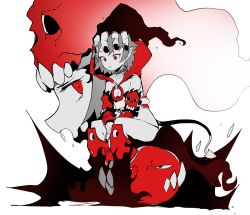 Rule 34 | 1girl, boots, ddari, highres, hood, hood up, monochrome, multiple views, o-ring, o-ring top, open mouth, original, parted lips, projected inset, red eyes, red theme, sideways glance, sitting, skull on head, tagme, tail, white background