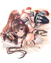 Rule 34 | 10s, 1girl, blush, breasts, brown hair, cherry blossoms, flower, hair flower, hair ornament, kantai collection, large breasts, long hair, looking at viewer, lying, on side, panties, personification, petals, ponytail, purple eyes, red panties, smile, solo, tetrapod (youhei 1985), thighhighs, underwear, very long hair, yamato (kancolle)