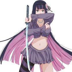 Rule 34 | 1girl, black hair, black hairband, black nails, breasts, cleavage, commentary, covered mouth, crop top, flower, frilled skirt, frills, hair flower, hair ornament, hairband, highres, hiwonoafu, holding, holding sword, holding weapon, katana, large breasts, long hair, long sleeves, midriff, multicolored hair, nail polish, navel, panties, panty &amp; stocking with garterbelt, pantyhose, pink flower, pink hair, pleated skirt, simple background, single leg pantyhose, skirt, solo, stocking (psg), stomach, striped clothes, striped pantyhose, sword, underwear, weapon