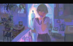 Rule 34 | 1boy, 1girl, analog clock, bad id, bad twitter id, blue sailor collar, blue skirt, bottle, breasts, broken heart, brown eyes, cabinet, calendar (object), can, can to cheek, clock, counter, cup, curtains, hanging plant, heart, highres, holding, holding can, huangdanlan, indoors, kettle, kitchen, letterboxed, light brown hair, looking at viewer, medium breasts, midriff peek, mug, nightstand, open drawer, original, phone, plant, potted plant, refrigerator, sailor collar, school uniform, serafuku, shirt, short sleeves, skirt, solo focus, standing, sticky note, stove, tile floor, tiles, white shirt