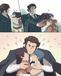 Rule 34 | 3boys, aged down, blue hair, brothers, brown hair, closed eyes, closed mouth, collared shirt, comic, facial hair, father and son, goatee, grey vest, guel jeturk, gundam, gundam suisei no majo, happy tears, heart, highres, hug, lauda neill, long sleeves, looking at another, male focus, mature male, multiple boys, necktie, open mouth, orange shirt, red necktie, shirt, short hair, short sleeves, siblings, silent comic, smile, soul (tamashii), tears, vest, vim jeturk, white shirt