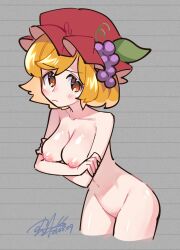 Rule 34 | 1girl, aki minoriko, blonde hair, blush, breasts, cleavage, closed mouth, collarbone, dated, fruit hat ornament, grape hat ornament, hat, hat ornament, highres, large breasts, mob cap, nipples, nude, red eyes, red hat, shikido (khf), short hair, signature, solo, touhou