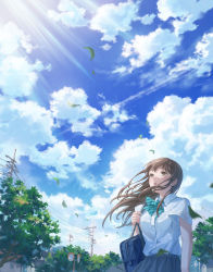 Rule 34 | 1girl, bag, bow, bowtie, brown eyes, brown hair, cloud, cloudy sky, commentary request, day, green bow, green bowtie, grey skirt, gurafuru, highres, leaf, long hair, open mouth, original, outdoors, power lines, school bag, school uniform, shirt, short sleeves, skirt, sky, solo, striped bow, striped bowtie, striped clothes, summer, traffic mirror, tree, upper body, utility pole, white shirt