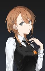 Rule 34 | 1girl, black background, black vest, brown gemstone, brown hair, collared shirt, commentary, glint, gradient background, grey background, grey eyes, hair ornament, hairclip, hanasato minori, highres, lapels, long sleeves, looking at viewer, more more jump! (project sekai), necktie, parted lips, project sekai, prsk112277, rainbow gradient, refraction, shirt, short hair with long locks, solo, swept bangs, upper body, vest, white shirt