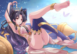 Rule 34 | 1girl, anklet, arm above head, arm behind head, armlet, armpits, arms up, ass, asymmetrical legwear, asymmetrical sleeves, bad id, bad pixiv id, barefoot, black hair, breasts, chain, crown, earrings, elbow gloves, expressionless, fate/grand order, fate (series), feet, gloves, hair ribbon, hoop earrings, ishtar (fate), ishtar (fate), jewelry, crossed legs, legs up, long hair, looking at viewer, medium breasts, pelvic curtain, reclining, red eyes, ribbon, single elbow glove, single thighhigh, soles, solo, star (symbol), starry background, thighhighs, thighs, toe-point, toeless legwear, toes, uneven legwear, uneven sleeves, yuuki (yukinko-02727)