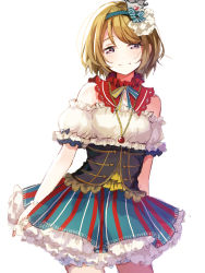 Rule 34 | 1girl, blush, brown eyes, brown hair, closed mouth, contrapposto, cowboy shot, detached collar, green hairband, hairband, half-closed eyes, highres, koizumi hanayo, layered skirt, looking at viewer, love live!, love live! school idol project, miniskirt, naarann, neck ribbon, ribbon, short hair, simple background, skirt, smile, solo, standing, striped clothes, striped skirt, swept bangs, underbust, vertical-striped clothes, vertical-striped skirt, white background