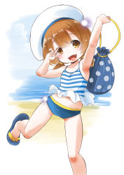 Rule 34 | 1girl, absurdres, bag, beach, bikini, brown eyes, brown hair, commentary request, cowboy shot, fang, hair rings, hat, highres, kaiboukan no.4 (kantai collection), kantai collection, long hair, looking at viewer, low twintails, mismatched bikini, ocean, one-hour drawing challenge, one eye closed, polka dot, sailor hat, satchel, skin fang, smile, solo, striped bikini, striped clothes, swimsuit, taisinkoku, twintails, v over eye, white hat