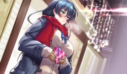 Rule 34 | 1girl, absurdres, artist request, blue hair, breasts, breath, embarrassed, gift, highres, holding, holding gift, igawa asagi, igawa asagi (clone), large breasts, lilith-soft, long hair, pantyhose, red scarf, scarf, solo, sweat, taimanin (series), taimanin asagi, taimanin rpgx, valentine, wallpaper