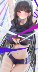 Rule 34 | 1girl, absurdres, arms up, black bra, black hair, black shirt, blue archive, blue buruma, blush, bra, breasts, breath, bright pupils, buruma, cleavage, hidulume, highres, large breasts, looking at viewer, navel, red eyes, restrained, rio (blue archive), shirt, skindentation, solo, stomach, sweat, too many ribbons, underwear, white pupils