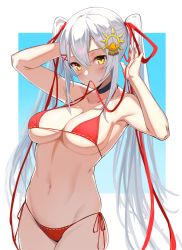 Rule 34 | 1girl, absurdres, akashic chronicle, alternate costume, amaterasu (akashic chronicle), arm behind head, armpits, arms up, bare arms, bare shoulders, bikini, black choker, breasts, choker, cleavage, collarbone, cowboy shot, groin, hair ornament, hair ribbon, hairclip, halterneck, highres, large breasts, long hair, looking at viewer, lysh, mouth hold, navel, red bikini, red ribbon, ribbon, side-tie bikini bottom, skindentation, solo, stomach, strap gap, string bikini, swimsuit, twintails, very long hair, white hair, x hair ornament, yellow eyes