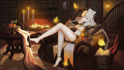 Rule 34 | 1girl, absurdres, anklet, armchair, barefoot, bookshelf, bug, butterfly, candle, candlestand, chair, feet, fireplace, genshin impact, high heels, highres, insect, jewelry, long hair, looking at viewer, ningguang (genshin impact), red eyes, shoe dangle, shoes, single shoe, soles, stairs, toes