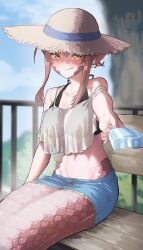 Rule 34 | 1girl, absurdres, bare shoulders, bikini, black bikini, blush, breasts, cleavage, collarbone, commission, commissioner upload, day, denim, denim skirt, ekrea jan, fingernails, food, hair between eyes, hair ornament, hat, highres, holding, holding food, holding ice cream, ice cream, lamia, licking lips, light smile, long hair, looking at viewer, medium breasts, miia (monster musume), miniskirt, monster girl, monster musume no iru nichijou, navel, non-web source, on bench, outdoors, pointy ears, reaching, reaching towards viewer, red hair, scales, see-through, sidelocks, sitting, skeb commission, skirt, slit pupils, solo, strap slip, straw hat, swimsuit, tongue, tongue out, tree, yellow eyes