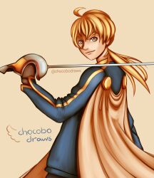 Rule 34 | 1boy, absurdres, ahoge, artist name, back, blonde hair, blue shirt, brown cape, brown gloves, cape, chocobodraws, final fantasy, final fantasy tactics, gloves, highres, holding, holding weapon, light brown background, long hair, looking at viewer, male focus, nose, ponytail, ramza beoulve, shirt, smile, solo, sword, twitter username, upper body, v-shaped eyebrows, weapon, yellow eyes