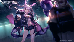 Rule 34 | 1girl, arknights, bandaged leg, bandages, bat wings, belt, black coat, black shorts, blue nails, blurry, blurry foreground, breasts, ceiling light, closed mouth, coat, coin, commentary, cowboy shot, cropped shirt, essual (layer world), expressionless, floating hair, fur-trimmed hood, fur trim, gold coin, hair ornament, hairclip, head wings, highres, hood, hooded coat, indoors, jewelry, logo, long hair, manticore (arknights), medium breasts, midriff, nail polish, navel, necklace, official art, open clothes, open coat, paw print, purple eyes, purple hair, reunion soldier (arknights), scorpion tail, shirt, short shorts, shorts, solo focus, tail, thighs, twintails, two-sided coat, two-sided fabric, watermark, white belt, white shirt, wings