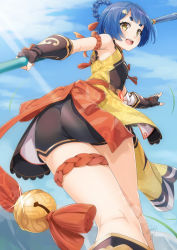 Rule 34 | 1girl, ass, bare shoulders, blue hair, blush, braid, breasts, chinese clothes, fingerless gloves, from behind, from below, genshin impact, gloves, hair rings, looking at viewer, looking back, looking down, miri, open mouth, polearm, shiny clothes, shiny skin, short hair, short shorts, shorts, sideboob, small breasts, smile, solo, spear, thick eyebrows, twin braids, weapon, xiangling (genshin impact)