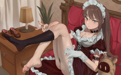 1girl absurdres barefoot blue_eyes breasts brown_hair cleavage feet highres long_hair looking_at_viewer maid mary_janes shoes single_sock socks soles toes unworn_shoes v weeyi